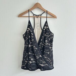 NWT Express Black Lace Deep V Tank Top Halter Lined Size M